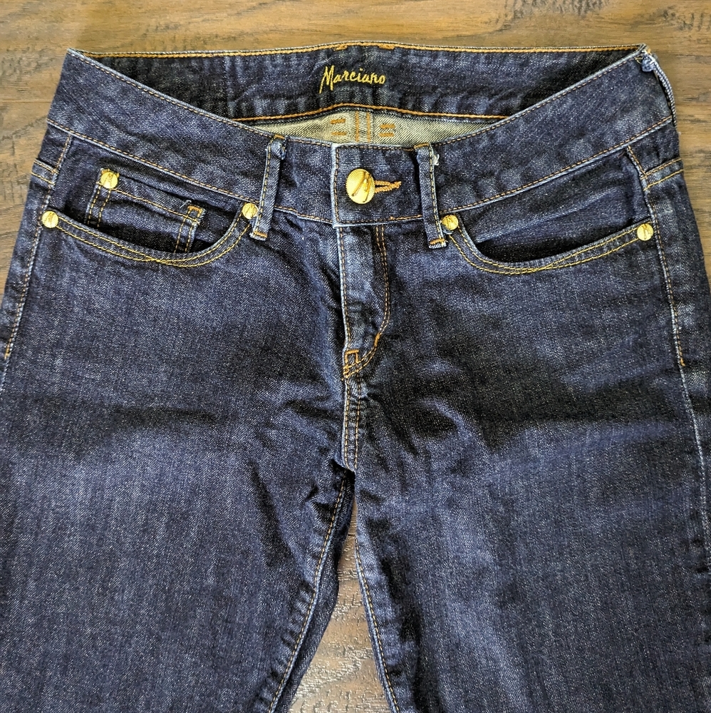 MARCIANO GUESS BLUE JEANS, Gold stitches, Gold studs, Zipper button low rise